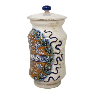 Vase à pharmacie Albarelle Fond Orange Céramique artisanale italienne originale de Deruta