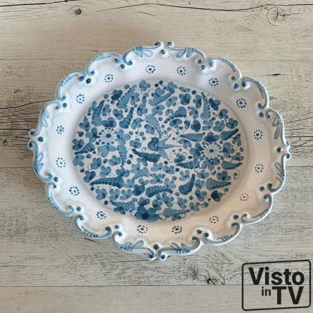Plateau à bord festonné 33cm Arabesco Turquoise Céramique artisanale italienne originale de Deruta