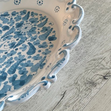 Plateau à bord festonné 33cm Arabesco Turquoise Céramique artisanale italienne originale de Deruta