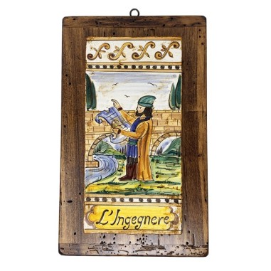 Carreau des métiers Ingénieur - Socle en bois vieilli 38x23 cm Céramique artisanale italienne originale de Deruta