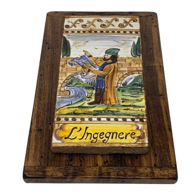 Carreau des métiers Ingénieur - Socle en bois vieilli 38x23 cm Céramique artisanale italienne originale de Deruta