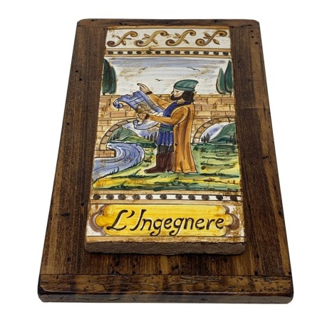 Hand-Painted Engineer Tile – Wooden Base 15 x 9 in Handcrafted Deruta Pottery