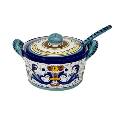 Ricco Deruta Ornato Covered Parmesan Cheese Bowl with spoon Handcrafted Deruta Pottery