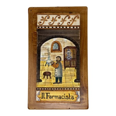 Hand-Painted Pharmacist Tile – Wooden Base 15 x 9 in Handcrafted Deruta Pottery