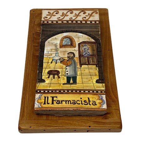 Mattonella mestiere Farmacista - base in legno 38x23 cm  ceramica di deruta