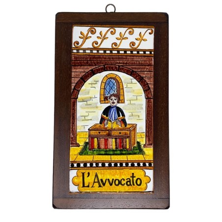 Hand-Painted Lawyer Tile – Wooden Base 15 x 9 in Handcrafted Deruta Pottery
