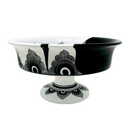 Black Peacock Pedestal bowl 12" Italian Pottery