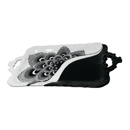 Plateau baroque 44cm Paon Noir Céramique artisanale italienne originale de Deruta