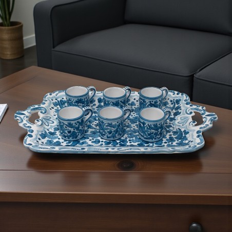 Scalloped tray 17" with 6 espresso cups Italian Pottery