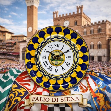 Horloge murale rond 30cm Palio di Siena - Tartuca Céramique artisanale italienne originale de Deruta