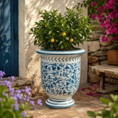 Arabesco Turquoise Semicircular Vase 24" Handcrafted Deruta Pottery